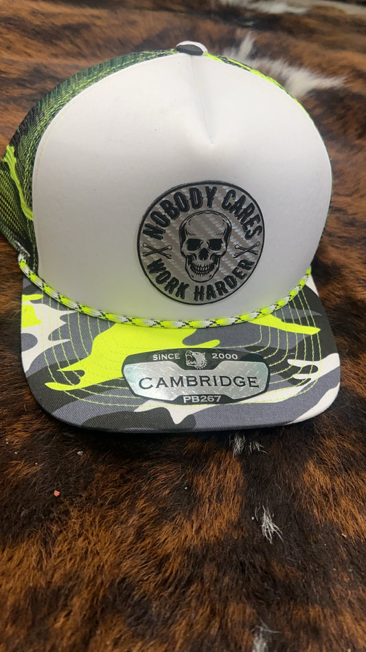 Nobody Cares Work Harder Neon Green Camo Foam Trucker-Carbon Fiber Patch-Neon Green Rope